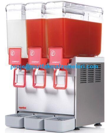 Soğuk meyve suyu makineleri karıştırıcılı Ugolini limonata soğutucularından 3 kavanozunda 8 er litreden 24 lt.lik hazne kapasitesi olan ve profesyonel meyve suyu soğutma makinalarının üreticisi Ugolini limonata soğutma makinesidir - 0212 2370759
